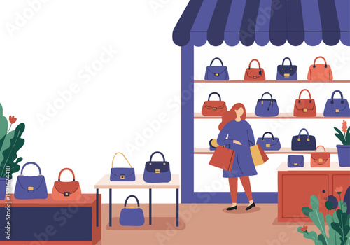 A stylish woman browses luxury handbags in a vibrant bag shop.  Bright colors, detailed props, and a welcoming atmosphere create a visually appealing commercial image.