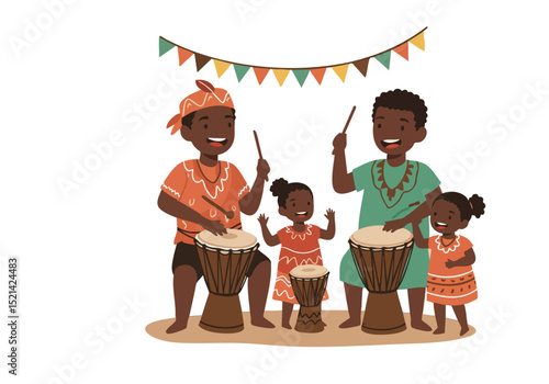 Three joyful Black individuals including children enthusiastically play drums during vibrant drum festival A festive banner adds to the lively scene Perfect for cultural celebrations and family events