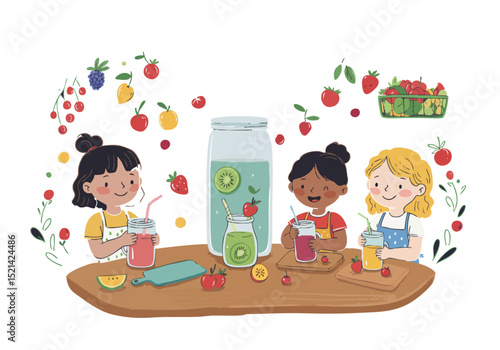 Three girls happily blend smoothies with fresh fruit. A charming illustration with a playful, bright style, perfect for food, lifestyle, and children's themes.