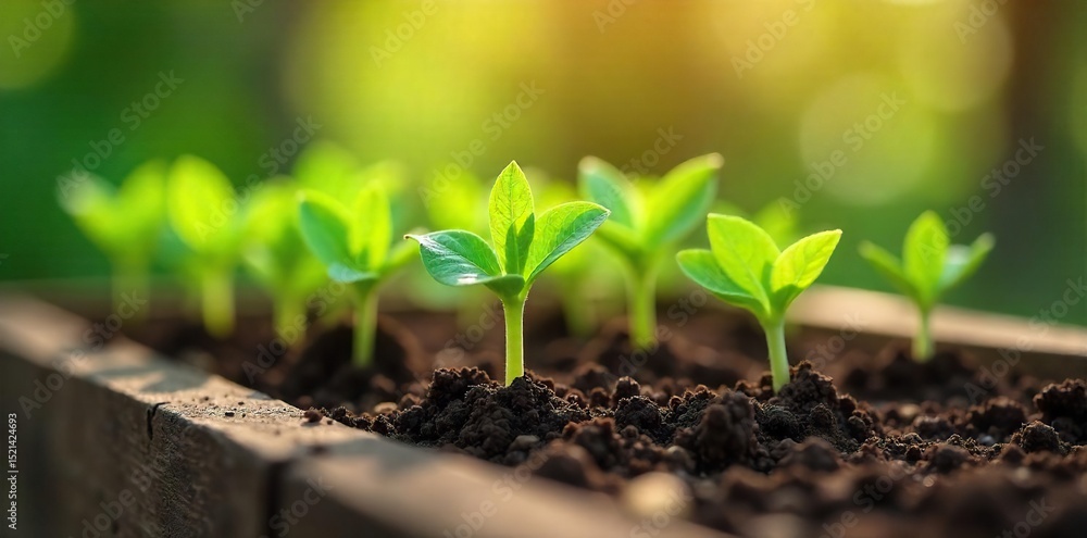 Close-up of vibrant green seedlings sprouting from rich soil in a rustic wooden planter box, bathed in sunlight Healthy growth, new life, spring, gardening , rustic, closeup Close-up of vibrant green seedlings sprouting from rich soil in a rustic wooden planter box, bathed in sunlight Healthy growth, new life, spring, gardening , rustic, closeup