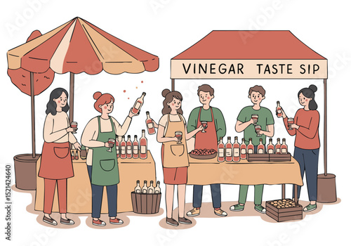 A vibrant market stall offers vinegar taste sips. Diverse people sample the drink, creating a lively scene. Bright colors and a modern illustration style.