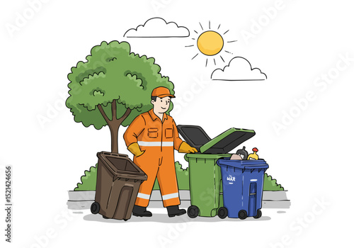 A smiling waste collection worker proudly collects bins under a sunny sky. Bright colors and a clean composition highlight community service and environmental responsibility.