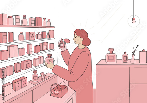 A woman enjoys sampling perfumes in a pink perfumery. Soft lighting and a modern aesthetic create a visually appealing scene for commercial use.