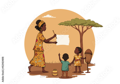 A woman teaches a child African proverb wisdom under a tree. Warm colors, cultural illustration, educational scene.  Ideal for learning and heritage themes.