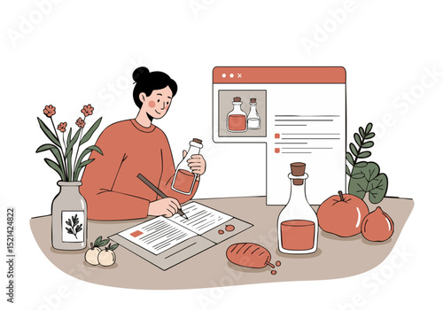 A woman writes a vinegar recipe on a tablet, surrounded by kitchen ingredients and flowers. Warm, inviting, and focused on culinary content. Ideal for food blogs and recipe websites.