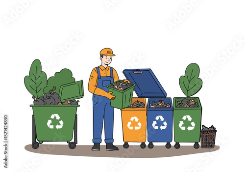 A worker sorts recycling into colored bins. A clean, modern illustration depicting waste management and sustainability. Bright, inviting, and suitable for environmental themes.
