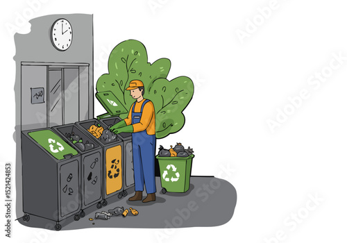 A worker sorts waste into recycling bins during Garbage Day. A clear, illustrative scene showcasing waste management skills. Modern, graphic style.