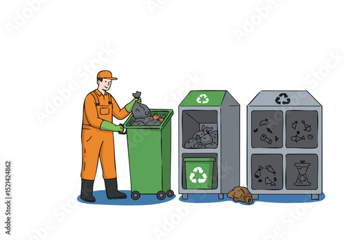 A worker sorts waste into designated bins. A clean, modern illustration depicts recycling and environmental responsibility. Bright colors and clear composition.