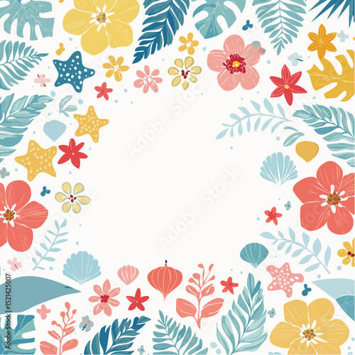 Vector border and frame element, pattern in simple floral wavy and groovy naive style, ocean and vacation theme, flowers and plants, floral botanic hand drawn design templates, modern art