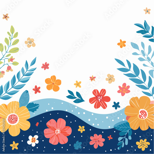 Vector border and frame element, pattern in simple floral wavy and groovy naive style, ocean and vacation theme, flowers and plants, floral botanic hand drawn design templates, modern art