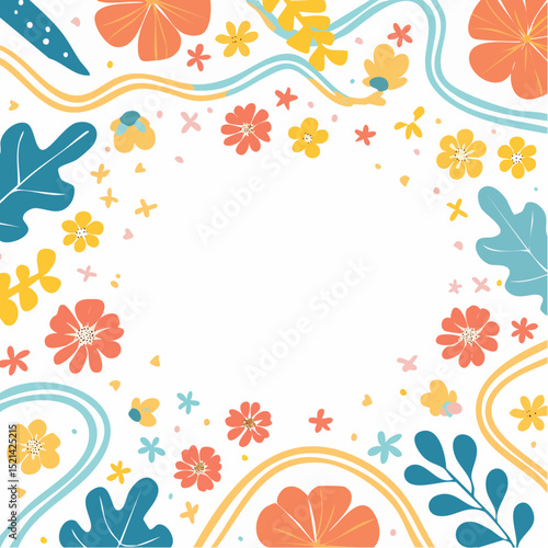 Vector border and frame element, pattern in simple floral wavy and groovy naive style, ocean and vacation theme, flowers and plants, floral botanic hand drawn design templates, modern art