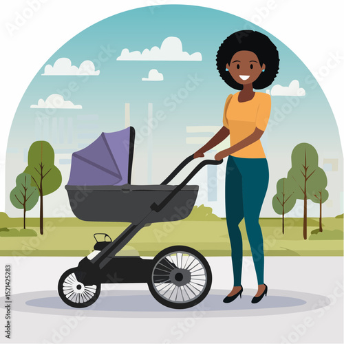 Woman walking with a stroller, vector logo design template and graphic elements for advertising; branding; posters and banners; funny cartoon illustrations with smiling character