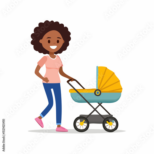 Woman walking with a stroller, vector logo design template and graphic elements for advertising; branding; posters and banners; funny cartoon illustrations with smiling character