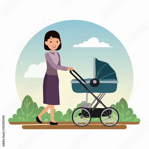 Woman walking with a stroller, vector logo design template and graphic elements for advertising; branding; posters and banners; funny cartoon illustrations with smiling character