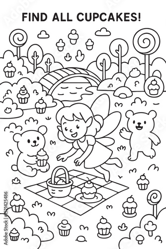 A charming fairy is enjoying a delightful picnic with two lovely bears, indulging in a variety of delicious cupcakes, all while having fun together
