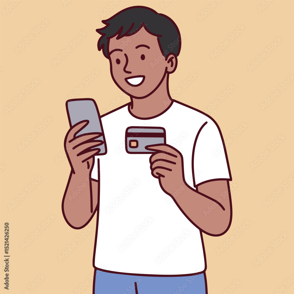 Happy young man using smartphone and holding a credit card to complete a digital transaction, representing mobile payment, e-commerce, or modern fintech activity Happy young man using smartphone and holding a credit card to complete a digital transaction, representing mobile payment, e-commerce, or modern fintech activity