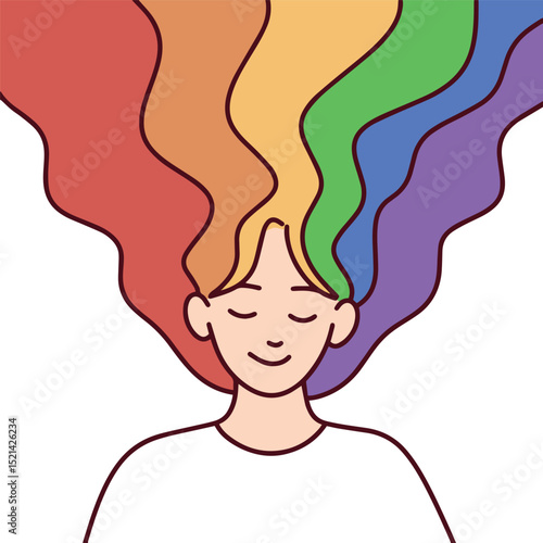 Young woman with colorful rainbow hair and calm smile, symbolizing pride, diversity, self-acceptance and equality