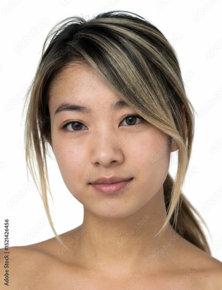 Fototapeta premium young woman with light brown hair, wearing a neutral expression, against a white background.