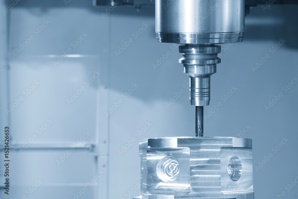 The 5-axis CNC milling machine cutting the aluminum gear case part by solid flat nose end mill tool in the light blue scene. The 5-axis CNC milling machine cutting the aluminum gear case part by solid flat nose end mill tool in the light blue scene.