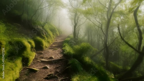 Beautiful natural landscape with the rocky path through the green forest, misty summer background