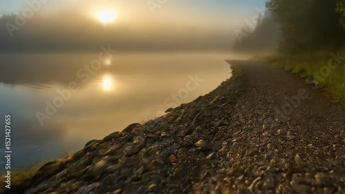 Beautiful natural foggy landscape with the path near the lake, summer seasonal background