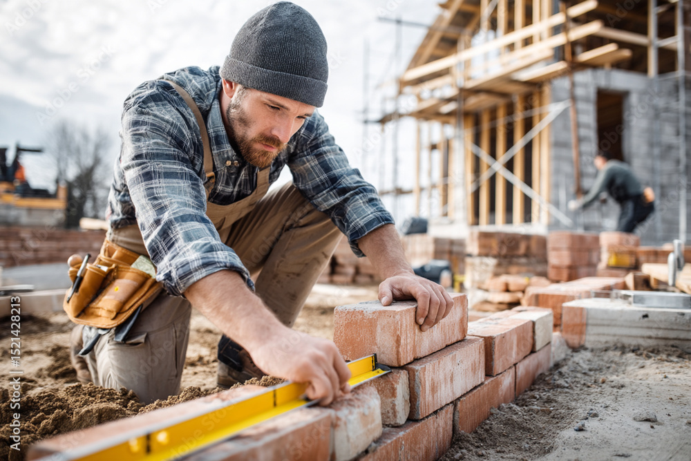 Builder lays bricks, aligns them with a level, in the background a private house under construction Builder lays bricks, aligns them with a level, in the background a private house under construction