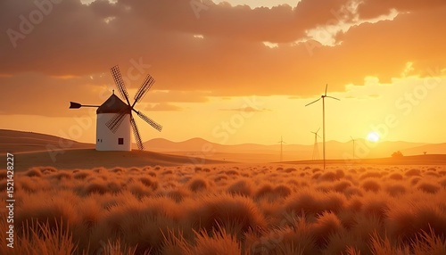 Scenic Windmill and Wind Turbines Landscape at Warm Sunset
