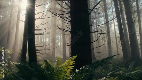 Beautiful natural landscape with the green foggy forest, sun is shining through the trees