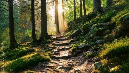 Beautiful natural landscape with the rocky path through the green forest, sunny summer background