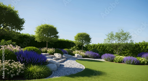 Serene Garden Design with Stone Steps and Lavender