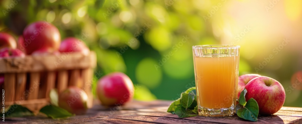 Fototapeta premium The refreshing apple juice surrounded by fresh apples in a sunny orchard setting.