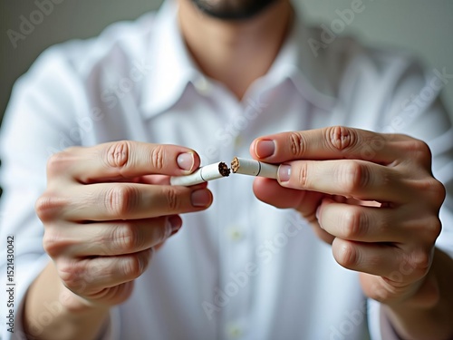 Man decisively breaking a cigarette, making the choice to quit his smoking habit for a healthier future life.