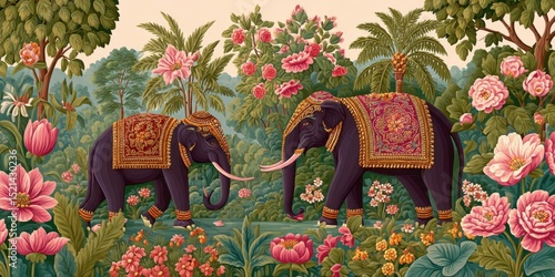 Digital Pichwai Style Painting of Elephant Scene with Floral Background Celebrating Indian Culture