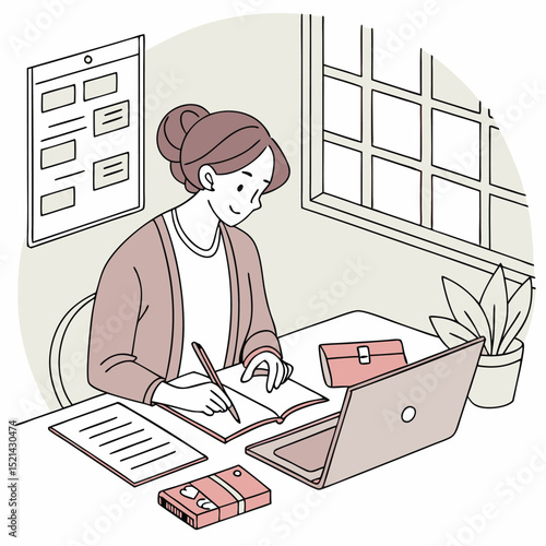 Young woman multitasking with laptop and smartphone, light flowing abstract shapes, office plants, coffee cup, and calendar on wall
