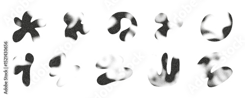Liquid abstract shapes in various organic forms exhibit a blur and noise effect, creating a mesmerizing arrangement on a monochromatic background that invites viewer interpretation.