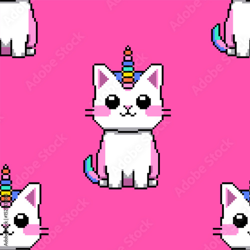 Seamless pixel art cats vector pattern. Bright wallpaper for wrapper, print, textile and fabric