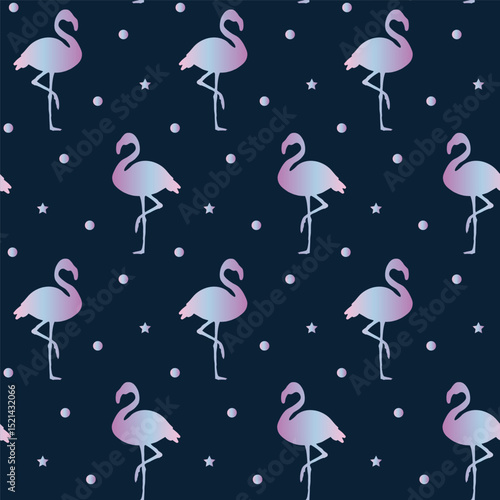 Vector seamless pattern of holographic flamingo on dark background. Design for backpacks, clothes and wrapping paper