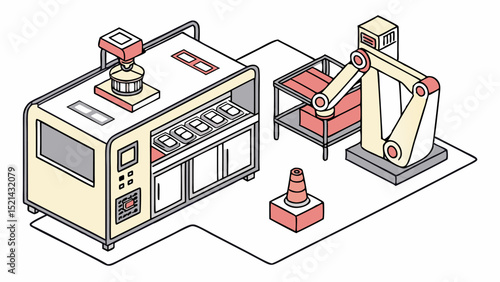 Isometric view of a food processing machine with robotic arm and conveyor belt system in a factory setting