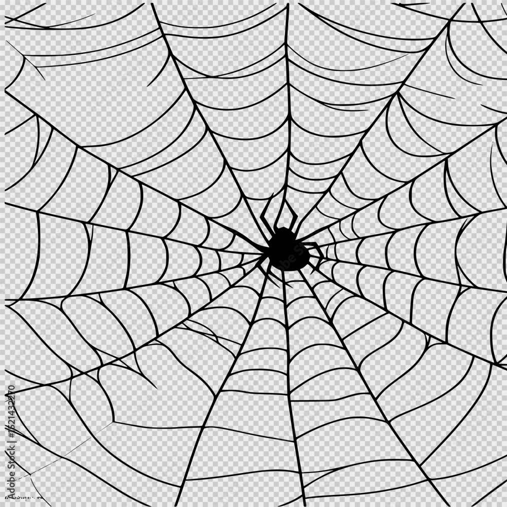 Obraz premium Simple black and white spider web line drawing with bold strokes and white space in the center, perfect for children's coloring pages, clipart, or minimalist Halloween-themed designs.