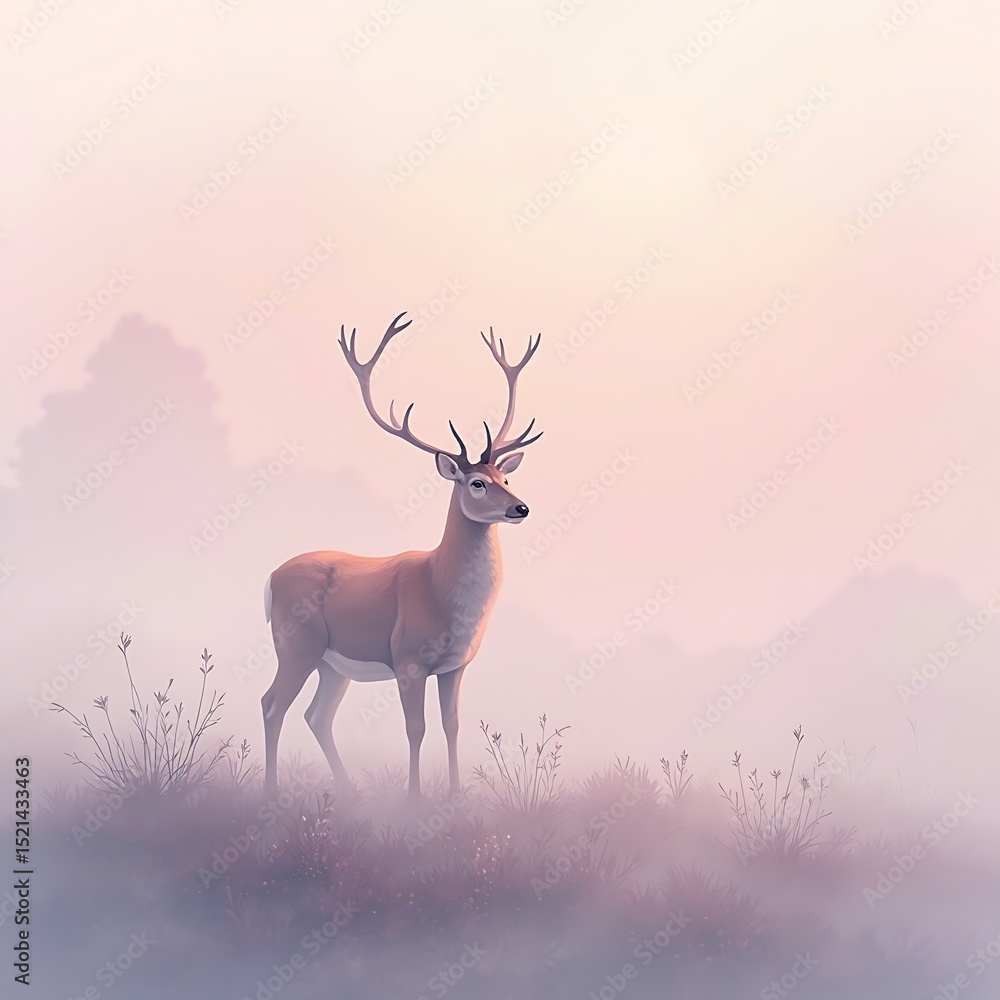 Obraz premium Stag Standing in Misty Morning Light in Nature Background
