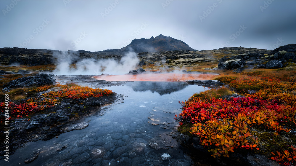 Fototapeta premium Icelandic Geothermal Hot Spring Landscape With Red Plants