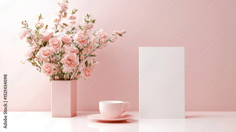 Fototapeta premium Soft pink vase with blooming flowers, blank card, and teacup on pastel background, creating calm mood