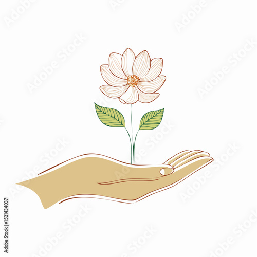 Vector simple linear illustration, hand poster, logo, print design template, hand drawn hand holding flower, gesture in minimal modern art style