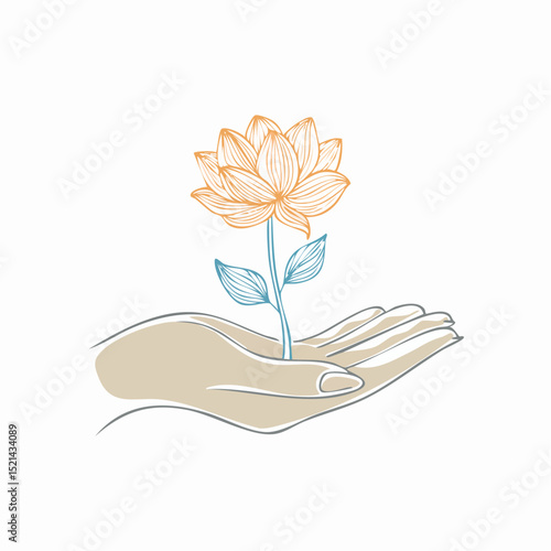 Vector simple linear illustration, hand poster, logo, print design template, hand drawn hand holding flower, gesture in minimal modern art style