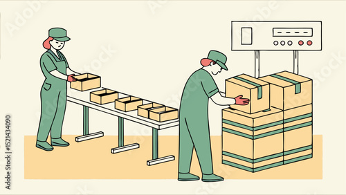 Two workers packing boxes on a conveyor belt and stacking them under a weight scale in a factory