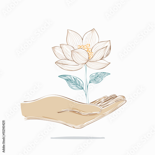 Vector simple linear illustration, hand poster, logo, print design template, hand drawn hand holding flower, gesture in minimal modern art style