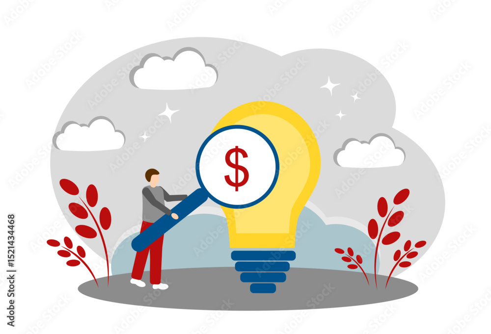 The concept of making money and a new idea. A man with a magnifying glass and a light bulb. The concept of a successful business The concept of making money and a new idea. A man with a magnifying glass and a light bulb. The concept of a successful business