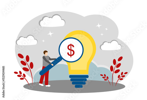 The concept of making money and a new idea. A man with a magnifying glass and a light bulb. The concept of a successful business