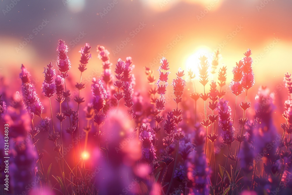 Obraz premium Vibrant lavender field bathed in warm sunset light.