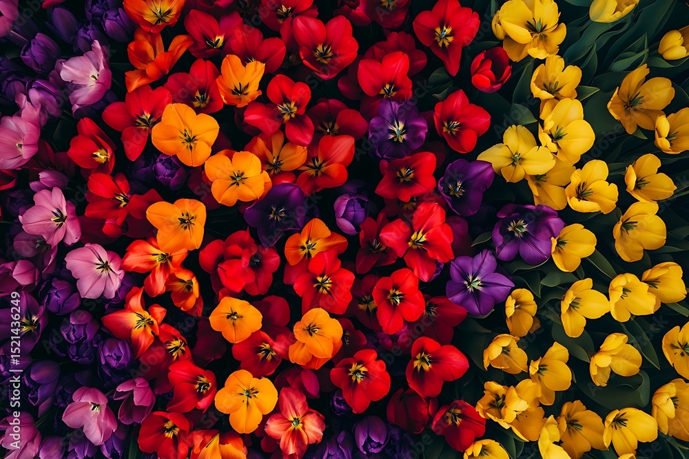 • • A breathtaking aerial shot of a tulip field, the flowers blooming in flawless, colorful patterns of vibrant red, yellow, and purple, creating a mesmerizing patchwork of color • • A breathtaking aerial shot of a tulip field, the flowers blooming in flawless, colorful patterns of vibrant red, yellow, and purple, creating a mesmerizing patchwork of color